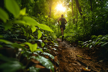 Fototapeta premium Running in the Green Forest at Sunrise