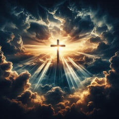 Cross of Jesus Christ set against a dramatic sky, bathed in celestial light with billowing clouds and radiant sunbeams