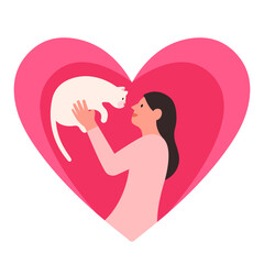 Woman love cat concept, Woman holding a cat in heart shaped, Female hugs cat. Cartoon young woman with smile hugging pet, flat vector isolated on white background