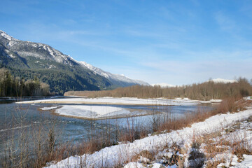 Beautiful winter landscape around Squamish River at the Brackendale Eagle Run in Squamish, British Columbia, Canada