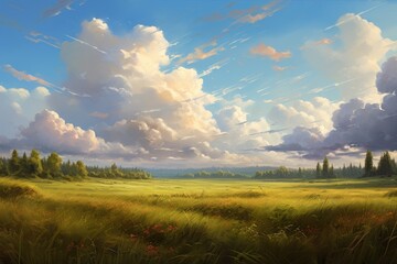 A serene painting depicting a field filled with beautiful trees and fluffy clouds floating in the sky, Drifting clouds over a peaceful meadow, bathed in warm sunlight, AI Generated