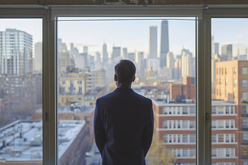 Fototapeta premium Businessman Looking out of Window to Expansive Cityscape