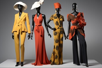 A group of mannequins wearing different outfits of various fashion styles, displaying a wide range of clothing options, Eccentric fashion from the Harlem Renaissance, AI Generated
