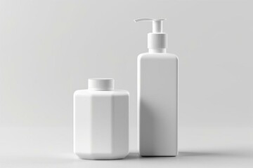 Mockup of plastic cosmetic pump bottle and box on white background. Realistic blank bottle for liquid products. Generative AI