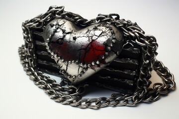 An image depicting a heart shaped object adorned with a chain, representing the symbolism of love...