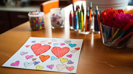 Naklejka na ściany i meble A child make valentines day with crayon design. 