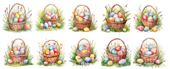 Set of watercolor Easter Basket, Sticker PNG, generated ai