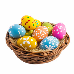 A wicker basket filled with various colorful, patterned Easter eggs isolated on a white background