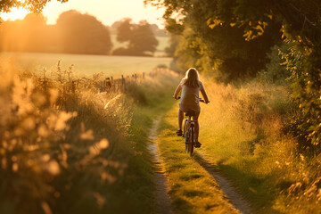 Young Woman Riding Bike in a Country Field at Sunset