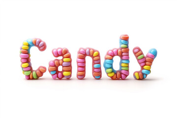 Colorful candy pieces arranged to spell the word CANDY on a white background, suitable for concepts related to sweets, desserts, or children's parties