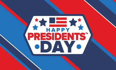 Happy Presidents day in United States. Washington's Birthday. Federal holiday in America. Celebrated in February. Patriotic american elements. Poster, banner and background. Vector illustration