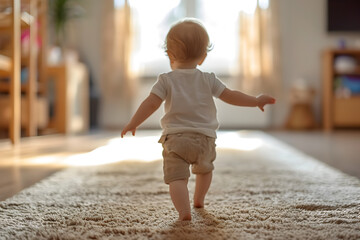 Adorable Infant Walking on Carpet in Bedroom - obrazy, fototapety, plakaty