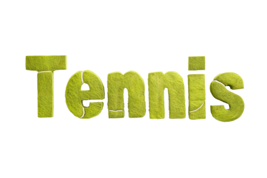 3D text spelling tennis with a texture resembling green tennis ball felt, isolated on a white background, representing the sport of tennis