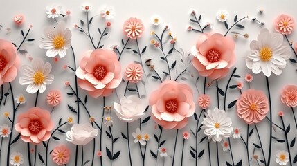 Floral spring pattern in paper cut style. Generative AI. - obrazy, fototapety, plakaty