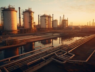 Modern powerful oil refineries, pipes, oil storage facilities against the blue sky in the dark at dusk.