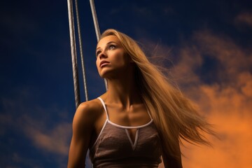 A woman stands on a swing, her long hair flowing as she enjoys the exhilarating motion, Female pole vaulter preparing for her jump, AI Generated - obrazy, fototapety, plakaty