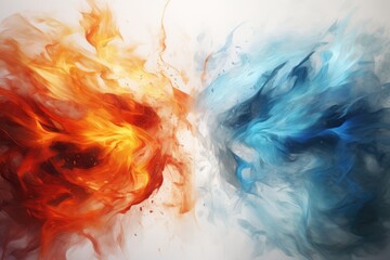 Vibrant painting featuring two balls of fire, one blue and one orange, creating a mesmerizing display of color, Fire and ice clashing abstractly, AI Generated