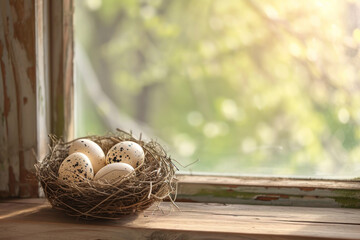 Cute country easter nest with easter eggs on a old window