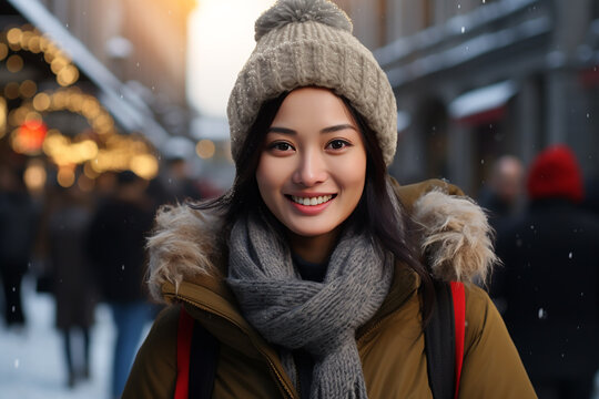 Generative AI Image of Asian Girl Traveling in Europe During Winter