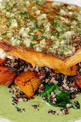 grilled salmon fillet with sauce and vegetables
