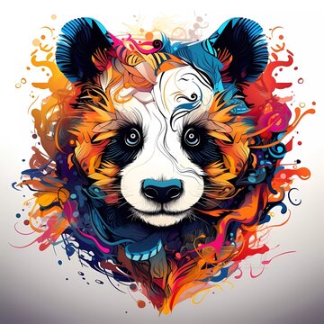 Abstract panda head close up with tangled doodle elements. Full color illustrations. generative ai