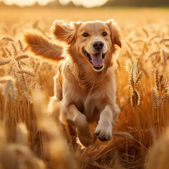 Golden retriver dog playfully running in the wheat field