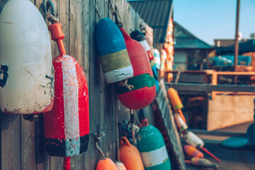 Colorful buoys hang from a wooden fence on a late afternoon.