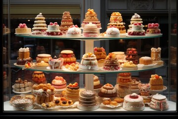 An enticing display case featuring a diverse selection of mouthwatering cakes, French patisserie window display filled with pastries, AI Generated