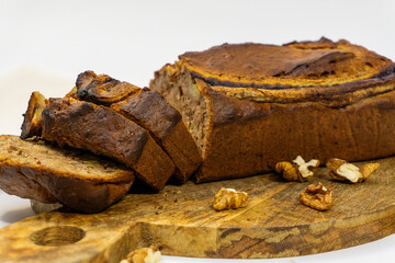 Homemade banana bread with walnuts. Close up
