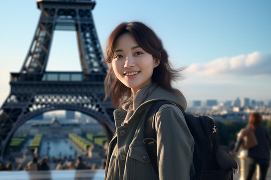 Generative AI Image of Japanese Girl Traveling to the Eiffel Tower in Paris