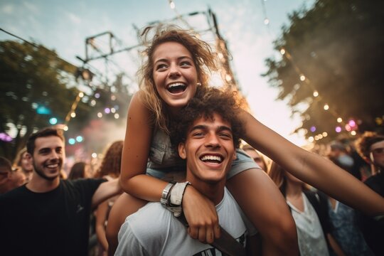 A man lifts a woman on his shoulders as they enjoy the music at a vibrant music festival, Friends carrying a birthday girl on their shoulders during an outdoor concert, AI Generated