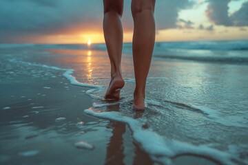 legs of a woman walking along the beach in the surf