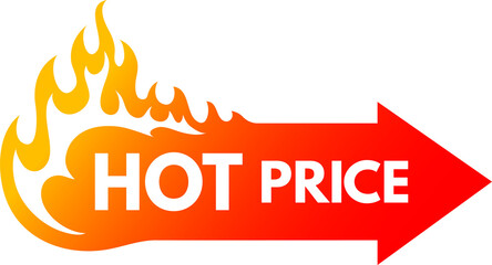 Hot price fire label with flame, super deal arrow