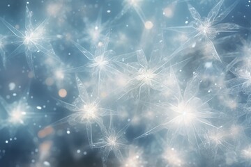 A mesmerizing image showcasing blurry snow flakes falling against a vibrant blue backdrop, creating a dreamy winter scene, Frozen in time: A flurry of abstract snowflakes falling, AI Generated