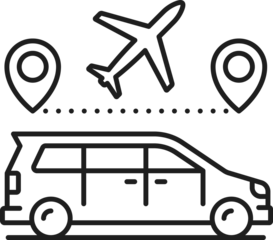 Airplane in sky, route point marks and taxi van