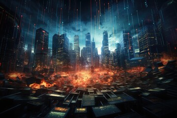 A futuristic cityscape immersed in flames and billowing smoke, depicting a chaotic scene of destruction and peril, Futuristic visualization of a stock market crash, AI Generated