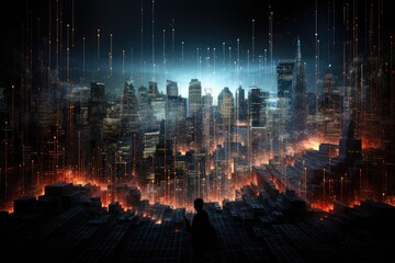 Obraz premium A man stands before a stunning futuristic cityscape, exemplifying the marvels of modern architecture and cutting-edge technology, Futuristic visualization of a stock market crash, AI Generated