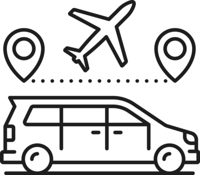 Airplane in sky, route point marks and taxi van