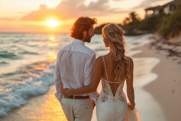 Fototapeta premium blurred newlywed couple on tropical beach during honeymoon