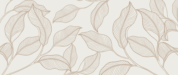 Botanical leaf line art wallpaper background vector. Luxury natural hand drawn foliage pattern design in minimalist linear contour simple style. Design for fabric, print, cover, banner, invitation. - obrazy, fototapety, plakaty