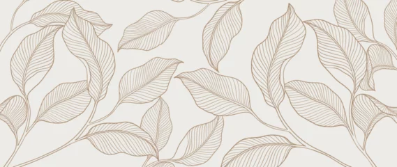 Foto op Plexiglas Botanical leaf line art wallpaper background vector. Luxury natural hand drawn foliage pattern design in minimalist linear contour simple style. Design for fabric, print, cover, banner, invitation. © TWINS DESIGN STUDIO