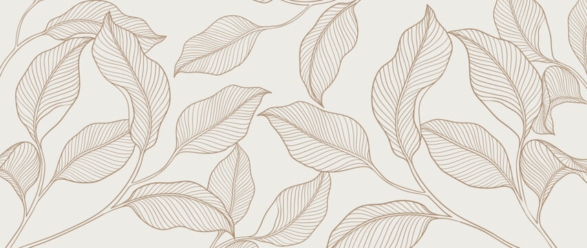 Naklejki Botanical leaf line art wallpaper background vector. Luxury natural hand drawn foliage pattern design in minimalist linear contour simple style. Design for fabric, print, cover, banner, invitation.