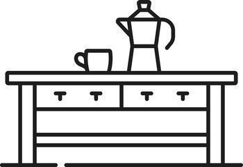 Coffee table with cup and kettle, outline icon