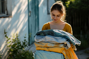 Woman, laundry pile and clean clothes for laundromat service, fabric softener and household chores. Friendly, happy and content young girl holding folded clothing for cleaning services and hygiene