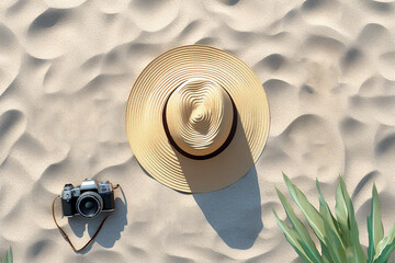 Generative AI Image of Top View of Beach Hat with Camera on Sand Background