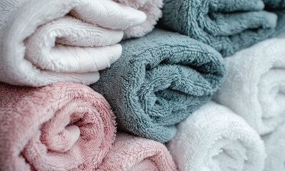 Obraz na płótnie Canvas Hotel towel, laundry and clean fabric background for laundromat business, detergent or hygiene. Colourful, neat and stacked fluffy textile for washing softener, cleaning service and eco friendly