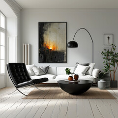 Minimalist modern living room interior with black and white colors