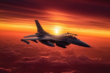 Fototapeta na wymiar Fighter plane in the sky during sunset. Generative AI.