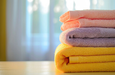Hotel towel, laundry and clean fabric background for laundromat business, detergent or hygiene. Colourful, neat and stacked fluffy textile for washing softener, cleaning service and eco friendly