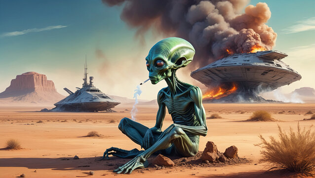 funny illustration of a sad alien smoking near to crashed alien space ship UFO on desert, generative AI